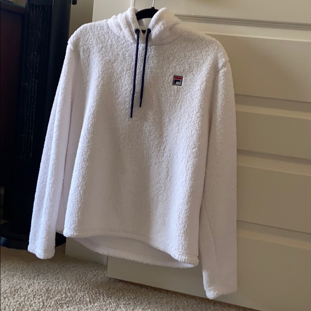 white fuzzy fila hoodie sweatshirt pullover